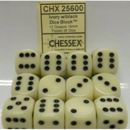 Chessex: Opaque - 16Mm D6 Ivory/Black Dice Block (12 Dice)