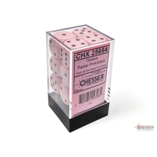 Chessex: Opaque - 16Mm D6 Pastel Pink/Black Dice Block (12 Dice)