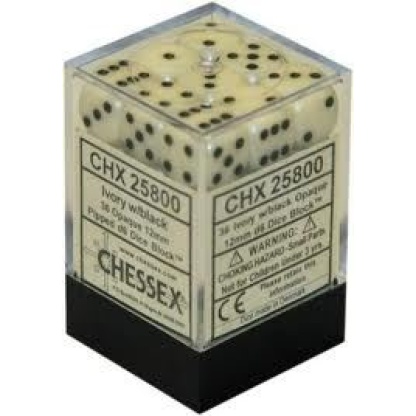 Chessex: Opaque - 12mm d6 Ivory/black Dice Block (36 Dice)