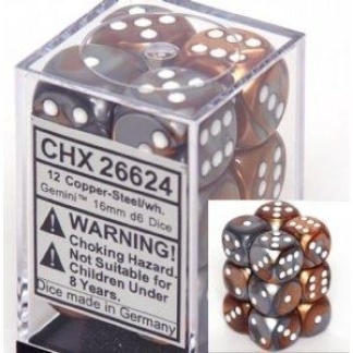 Chessex: Gemini - 16Mm D6 Copper-Steel/White Dice Block (12 Dice)