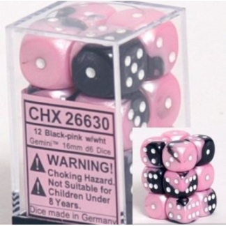 Chessex: Gemini - 16Mm D6 Black-Pink/White Dice Block (12 Dice)