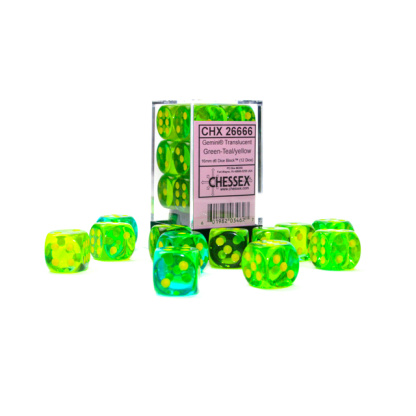 Chessex: Gemini - 16Mm D6 Translucent - Green-Teal/Yellow Dice Block (12 Dice)