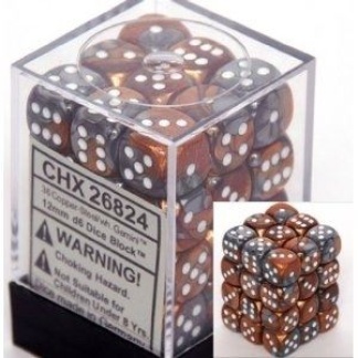 Chessex: Gemini - 12mm d6 Copper-Steel/white Dice Block (36 Dice)