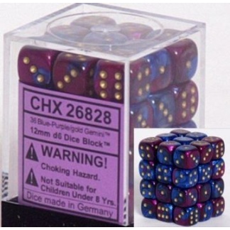 Chessex: Gemini - 12mm d6 Blue-Purple/gold Dice Block (36 Dice)