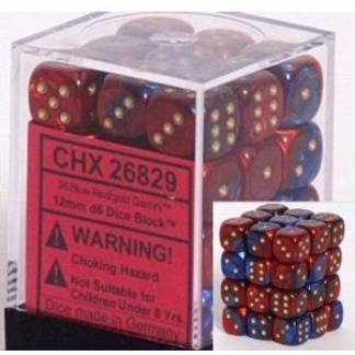 Chessex: Gemini - 12mm d6 Blue-Red/gold Dice Block (36 Dice)