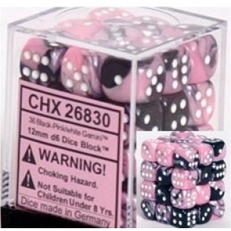Chessex: Gemini - 12mm d6 Black-Pink/white Dice Block (36 Dice)