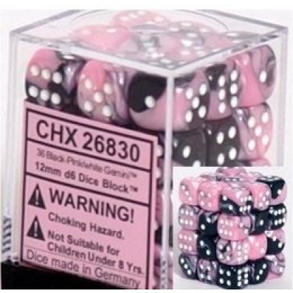 Chessex: Gemini - 12mm d6 Black-Pink/white Dice Block (36 Dice)