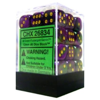 Chessex: Gemini - 12mm d6 Green-Purple/gold Dice Block (36 Dice)