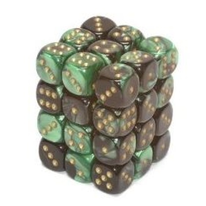 Chessex: Gemini - 12mm d6 Black-Green/gold Dice Block (36 Dice)