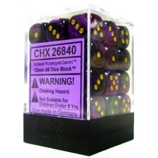 Chessex: Gemini - 12mm d6 Black-Purple/gold Dice Block (36 Dice)