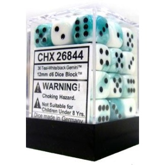 Chessex: Gemini - 12mm d6 Teal/White/black Dice Block (36 Dice)