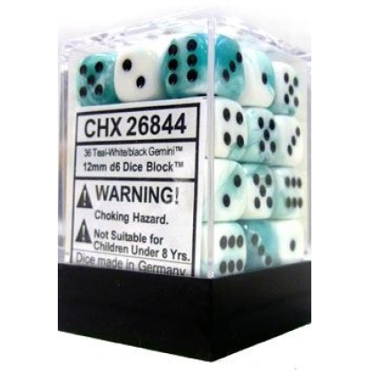 Chessex: Gemini - 12mm d6 Teal/White/black Dice Block (36 Dice)