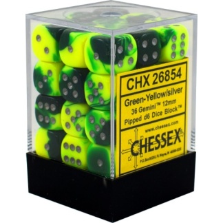 Chessex: Gemini - 12mm d6 Green-Yellow/silver Dice Block (36 Dice)