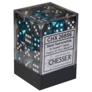Chessex: Gemini - 12mm d6 Steel-Teal/white Dice Block (36 Dice)