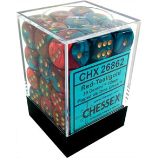 Chessex: Gemini - 12mm d6 Red-Teal/gold Dice Block (36 Dice)