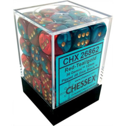 Chessex: Gemini - 12mm d6 Red-Teal/gold Dice Block (36 Dice)