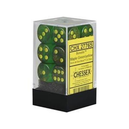 Chessex: Borealis - 16mm d6 Maple Green/yellow Dice Block (12 dice)