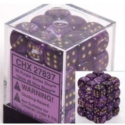 Chessex: Vortex - 12mm d6 Purple/gold Dice Block (36 Dice)