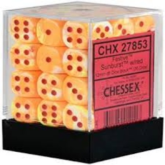 Chessex: Festive - 12mm d6 Sunburst/red Dice Block (36 Dice)