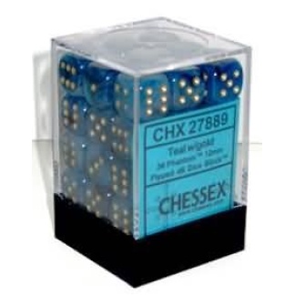 Chessex: Phantom - 12mm d6 Teal/gold Dice Block (36 Dice)