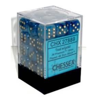 Chessex: Phantom - 12mm d6 Teal/gold Dice Block (36 Dice)